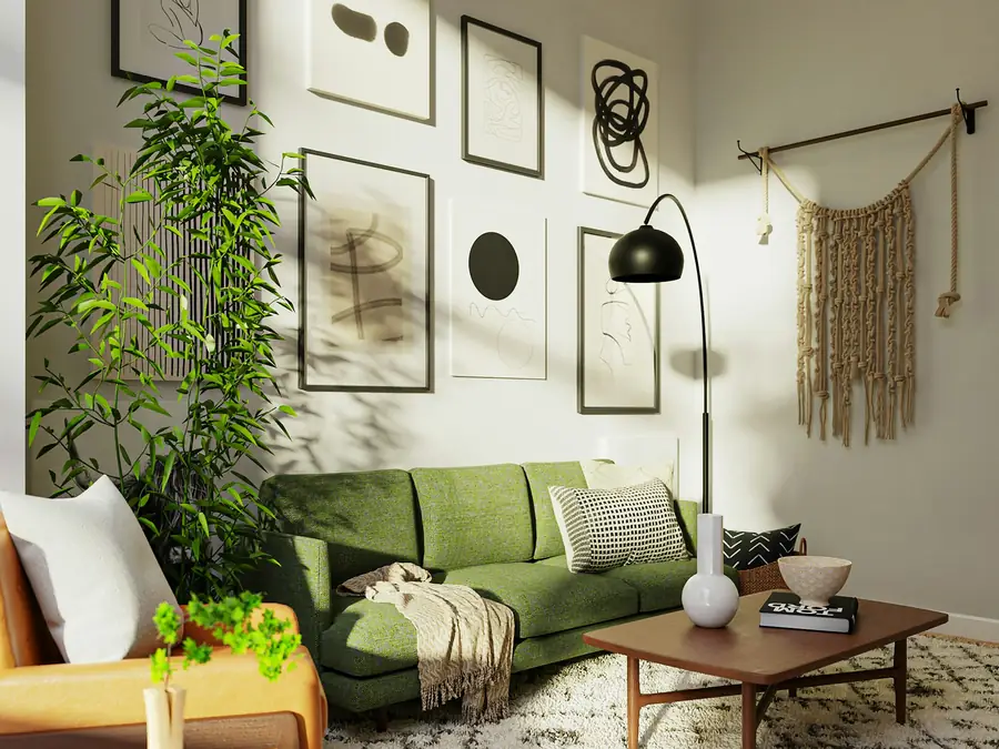 Colorful living room with a green couch and art