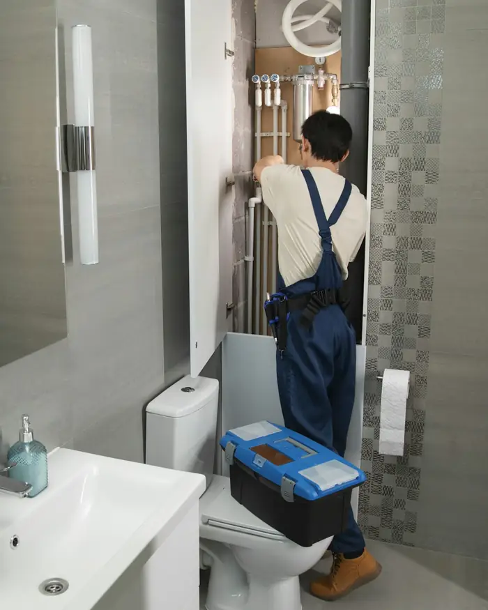 Plumber with a toolbox working in a modern bathroom